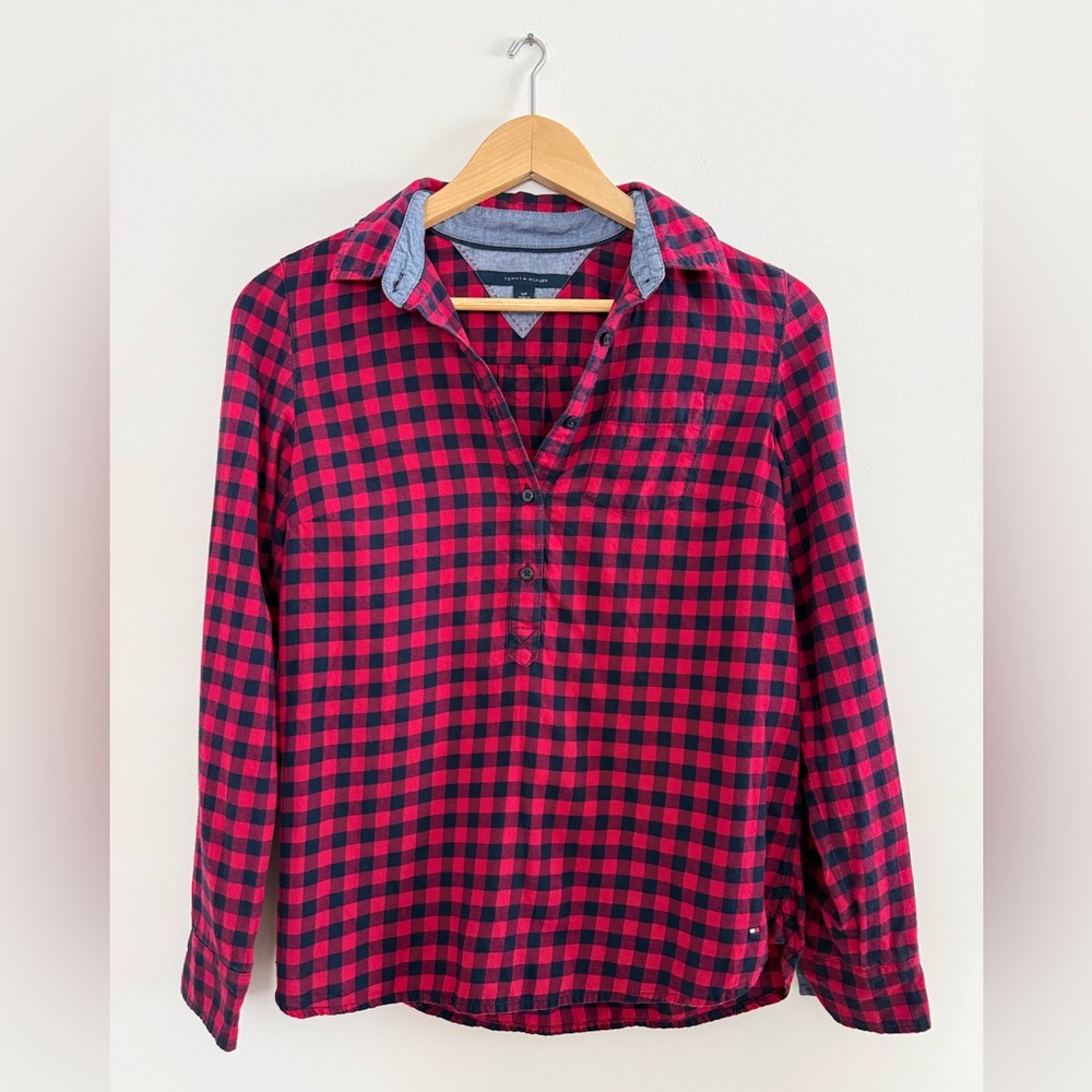 Tommy Hilfiger Women's Long Sleeve Flannel With Denim Accent Cuffs Size S